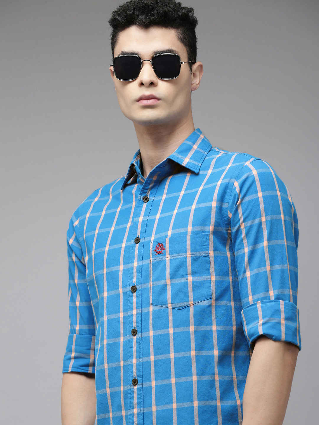 

U S Polo Assn Men Blue Windowpane Checks Checked Pure Cotton Casual Shirt