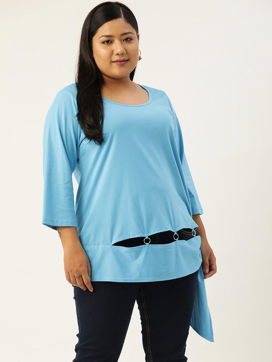 

theRebelinme Women Plus Size Turquoise Blue Solid Cotton Top