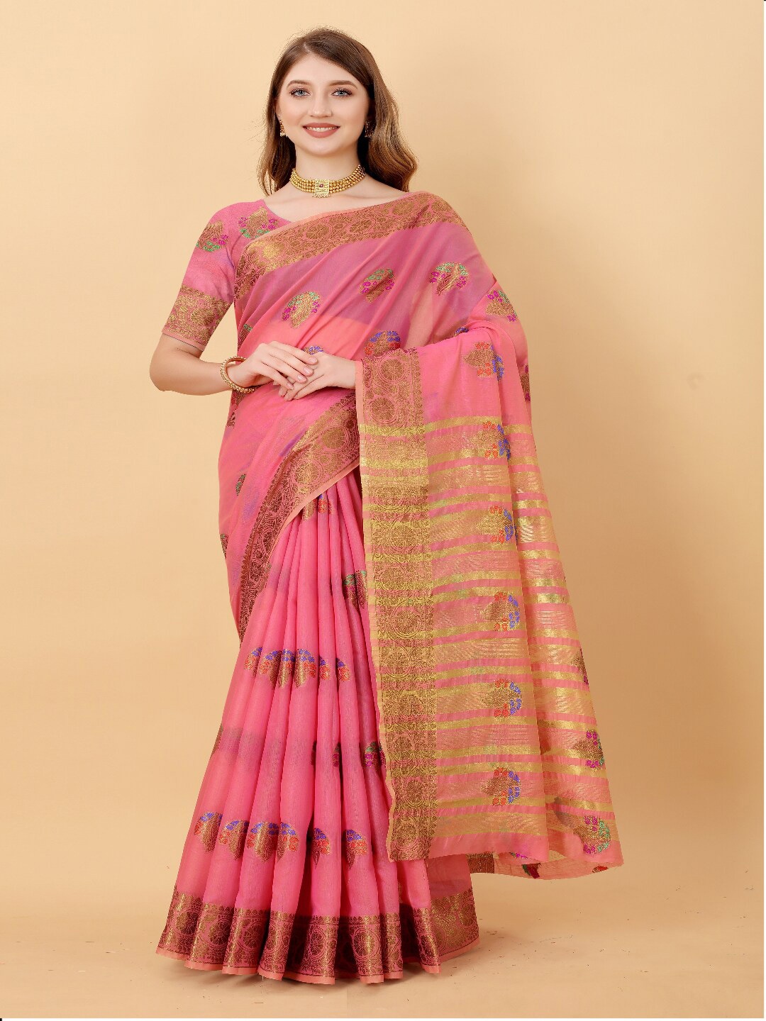 

VSaree Pink & Gold-Toned Woven Design Zari Silk Blend Banarasi Saree