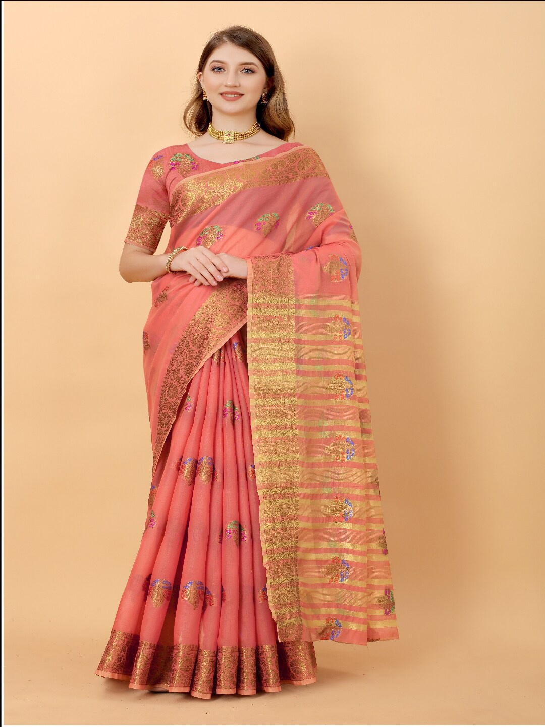 

VSaree Orange & Gold-Toned Woven Design Zari Silk Blend Banarasi Saree