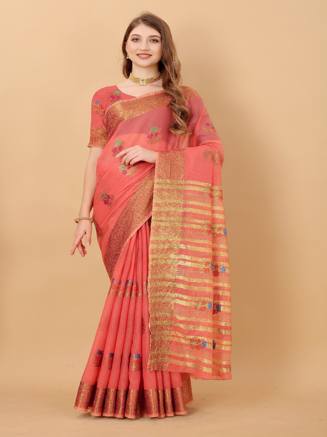 

VSaree Orange & Gold-Toned Woven Design Zari Silk Blend Banarasi Saree