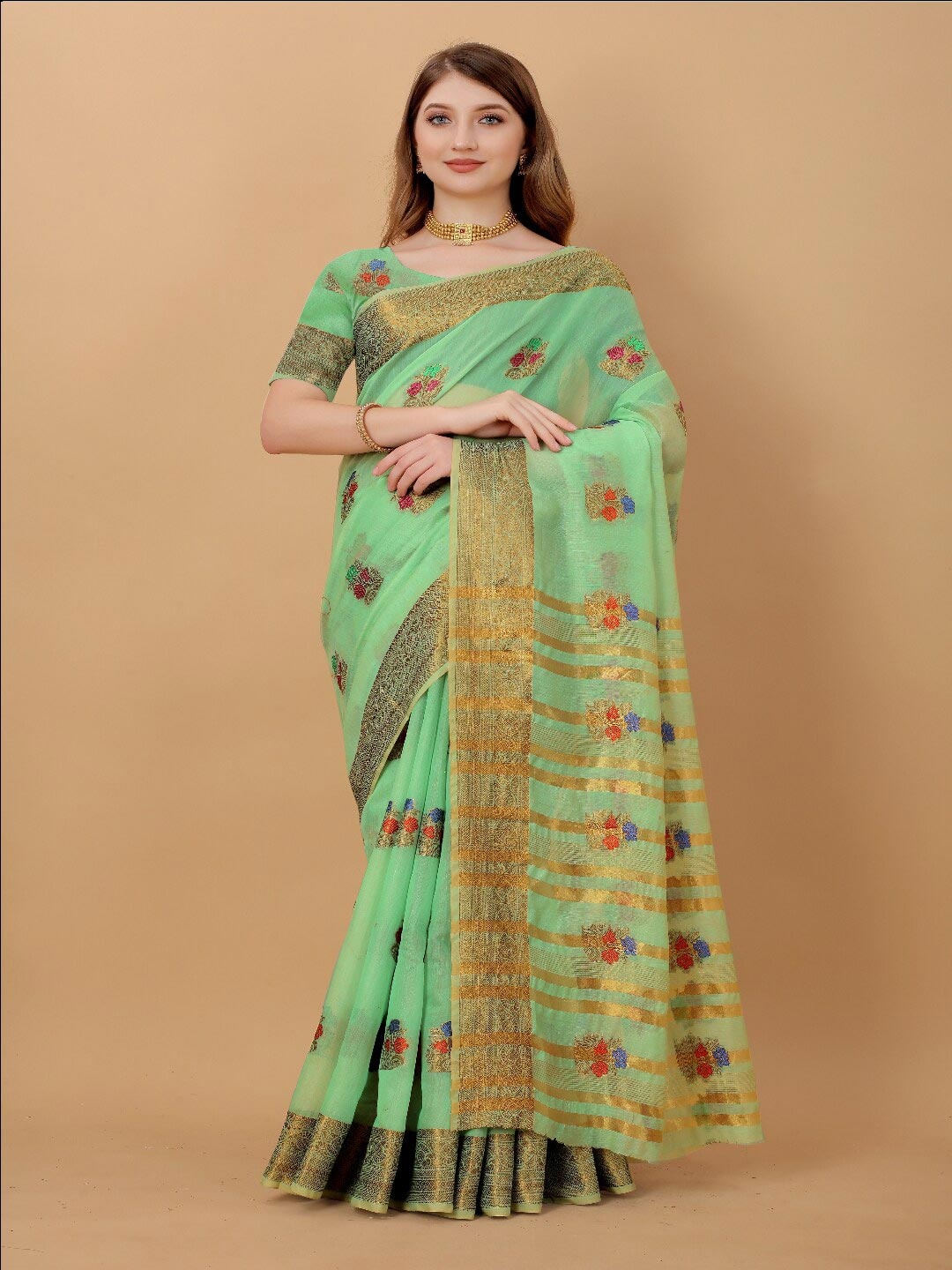 

VSaree Women Olive Green & Gold-Toned Woven Design Zari Silk Blend Banarasi Saree