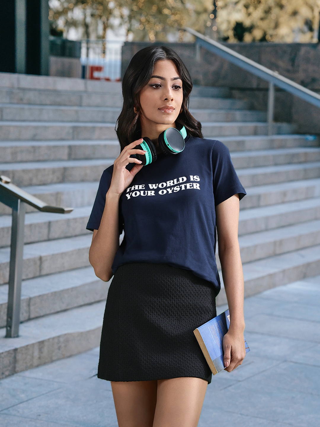 

Mast & Harbour Women Navy Blue & White Typography Printed Pure Cotton T-shirt