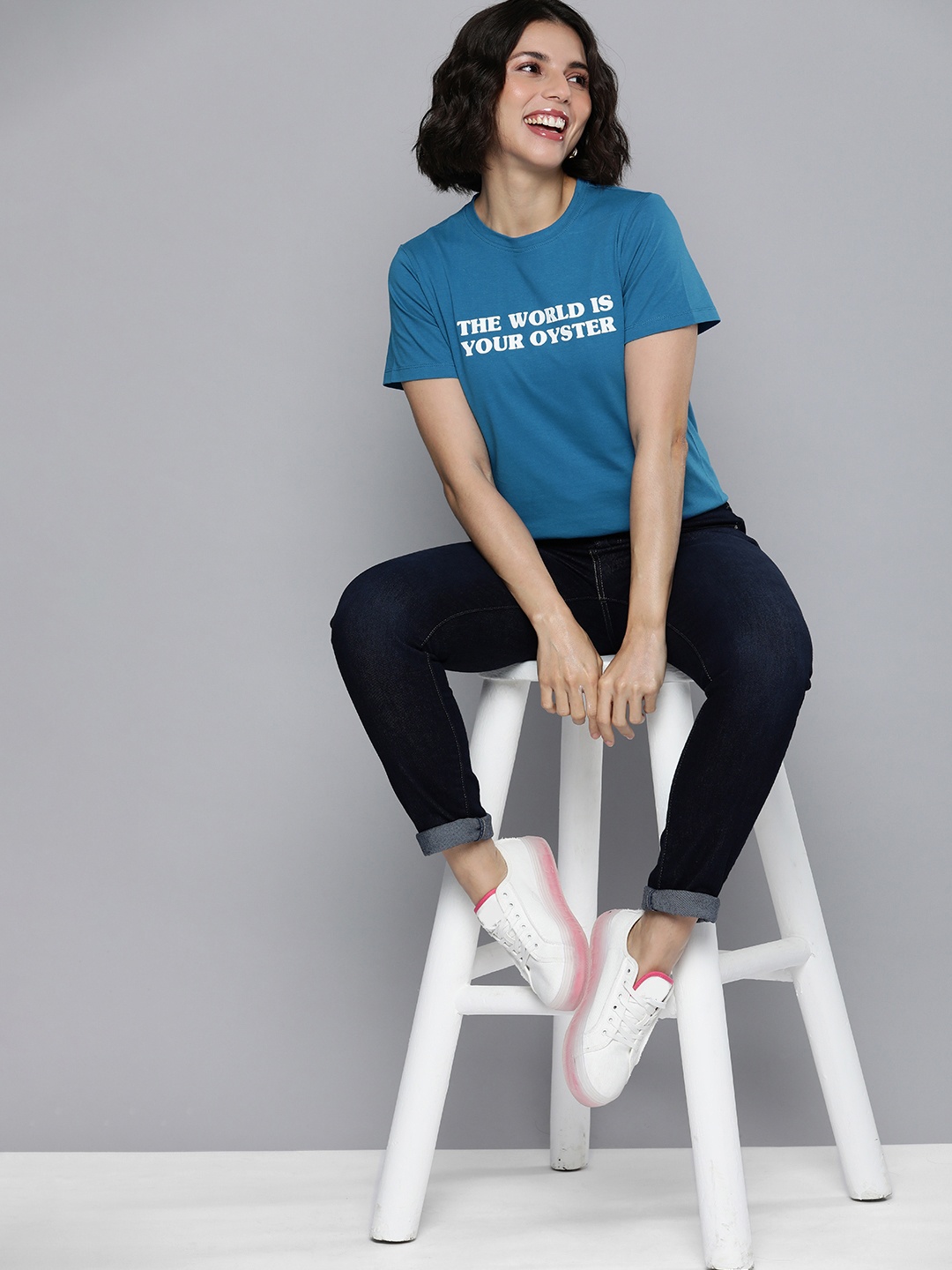 

Mast & Harbour Women Blue & White Typography Printed Pure Cotton T-shirt