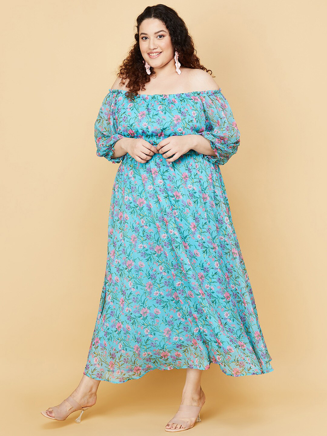 

max Plus Size Women Sea Green Floral Off-Shoulder Maxi Dress