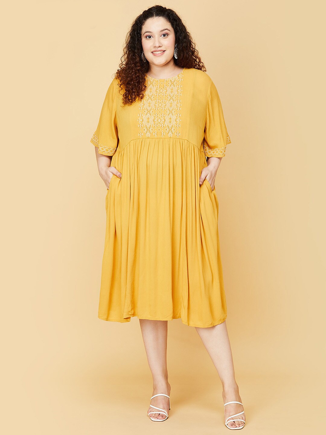 

max Women Plus Size Mustard Yellow A-Line Midi Dress