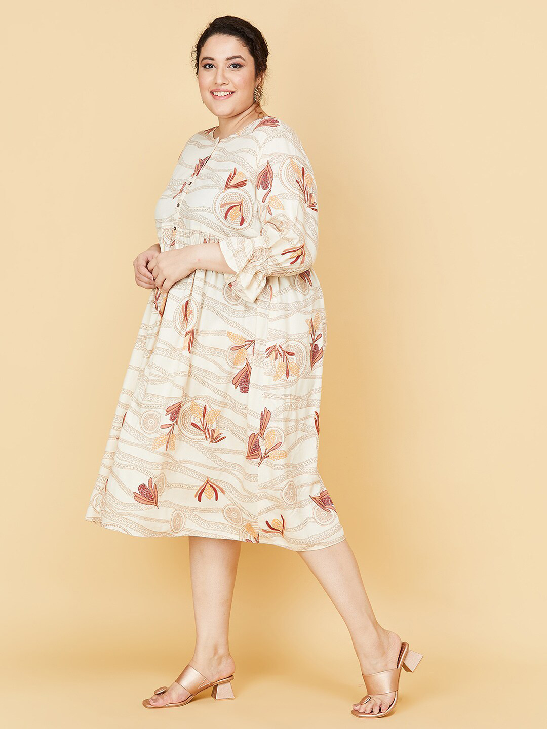 

max Brown Floral Embroidered Ethnic A-Line Midi Dress