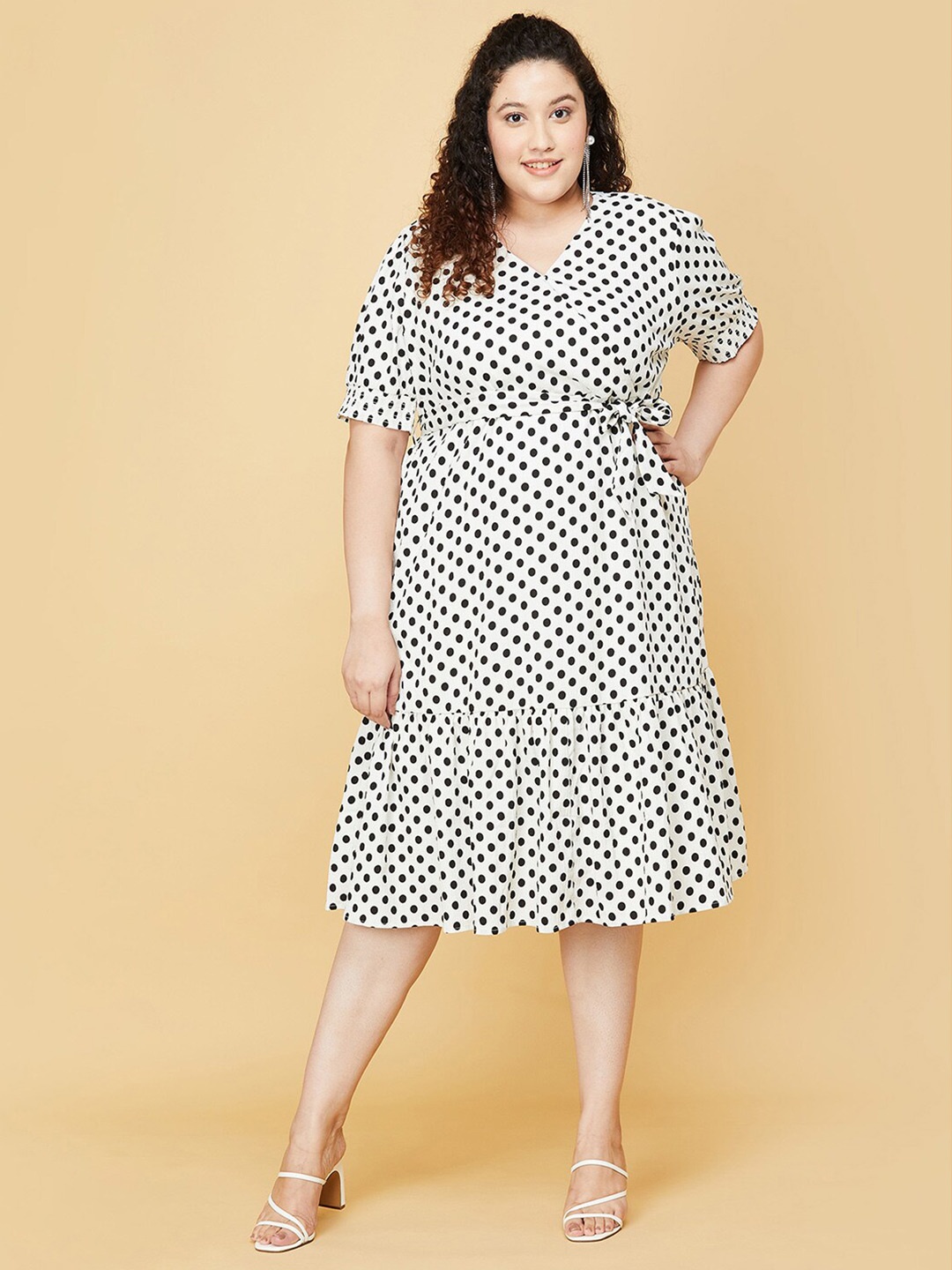 

max Women Plus Size Off White & Black Polka Dots Printed Wrap Style Dress
