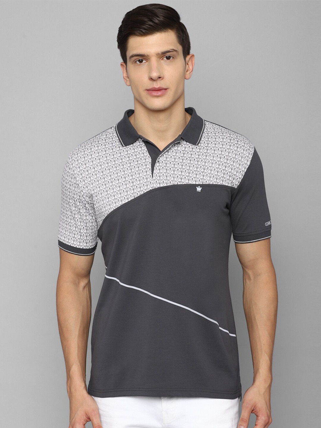 

Louis Philippe Men Grey Colourblocked Printed Polo Collar T-shirt