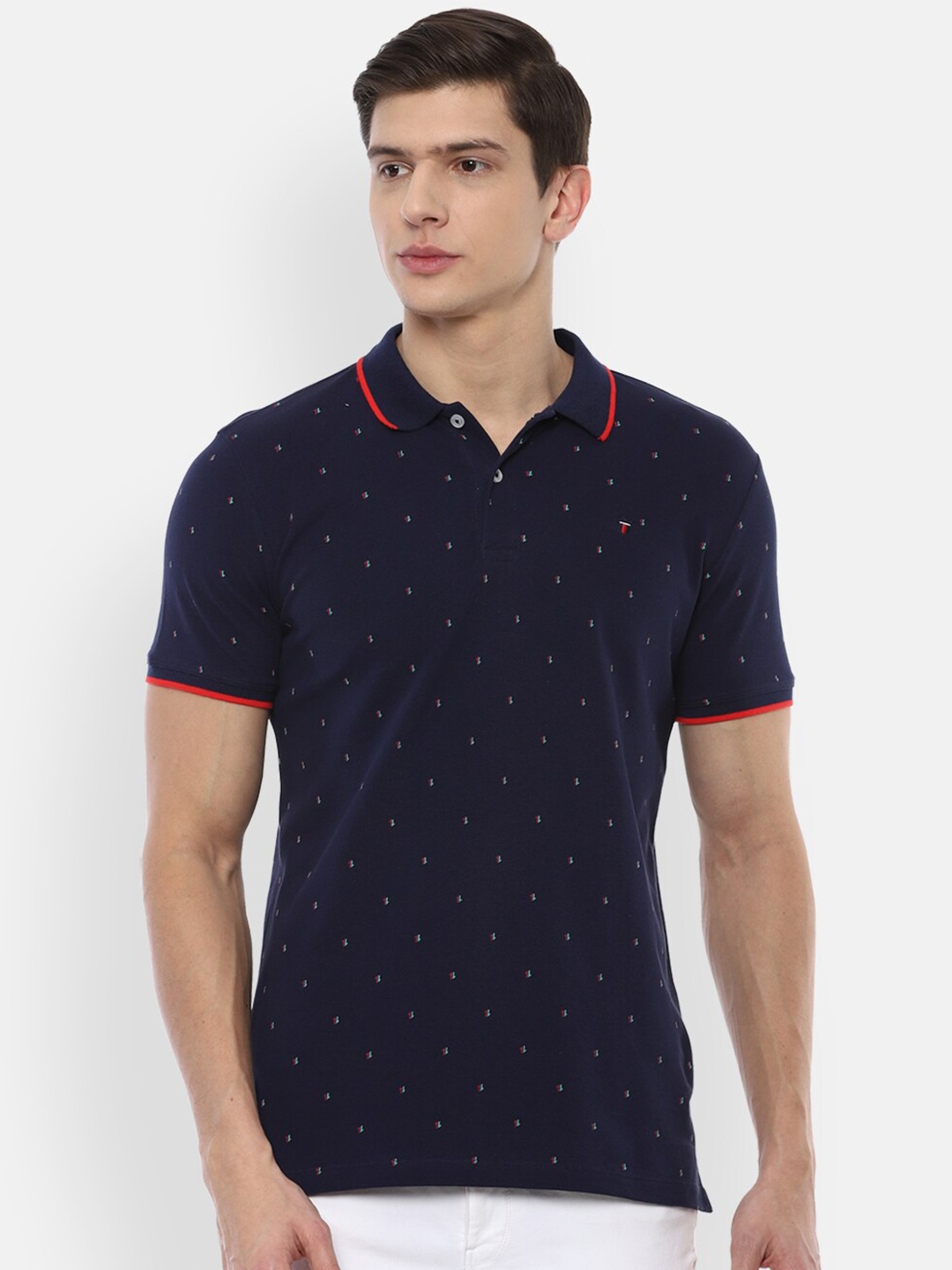 

Louis Philippe Jeans Men Navy Blue Printed Polo Collar Slim Fit T-shirt