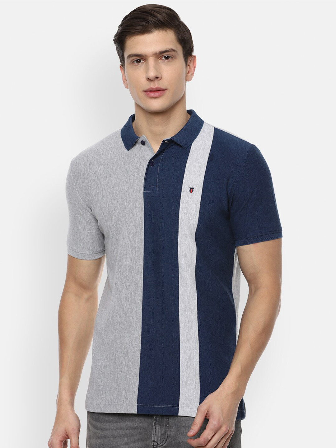 

Louis Philippe Sport Men Navy Blue Striped Polo Collar Slim Fit T-shirt
