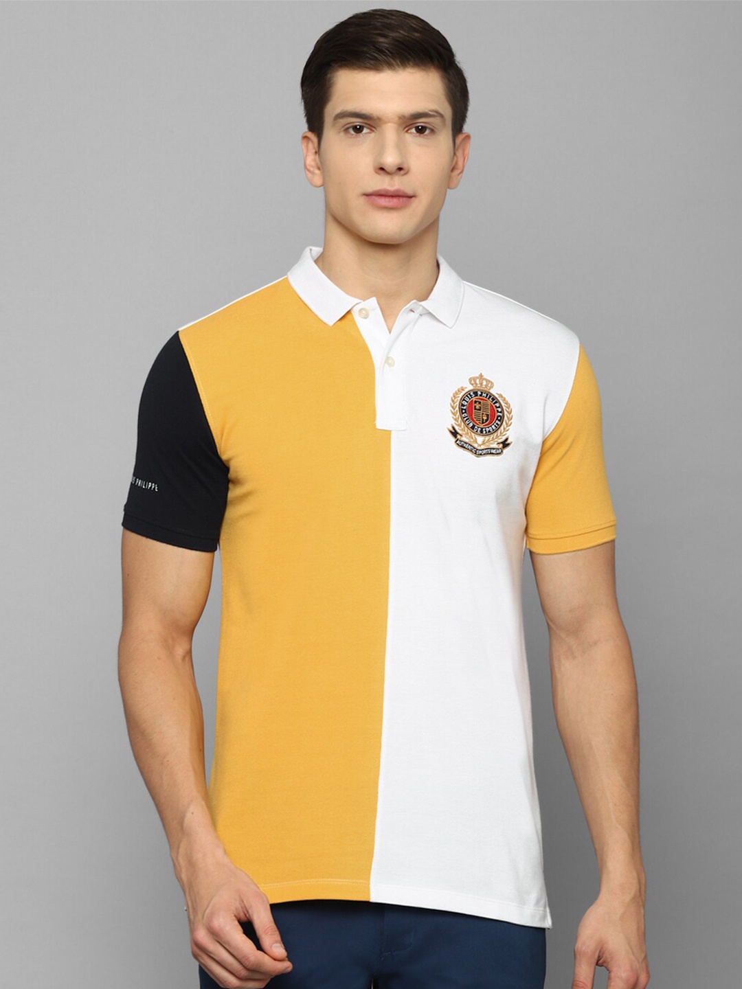

Louis Philippe Sport Men Multicoloured Colourblocked Polo Collar Applique Slim Fit T-shirt, Multi