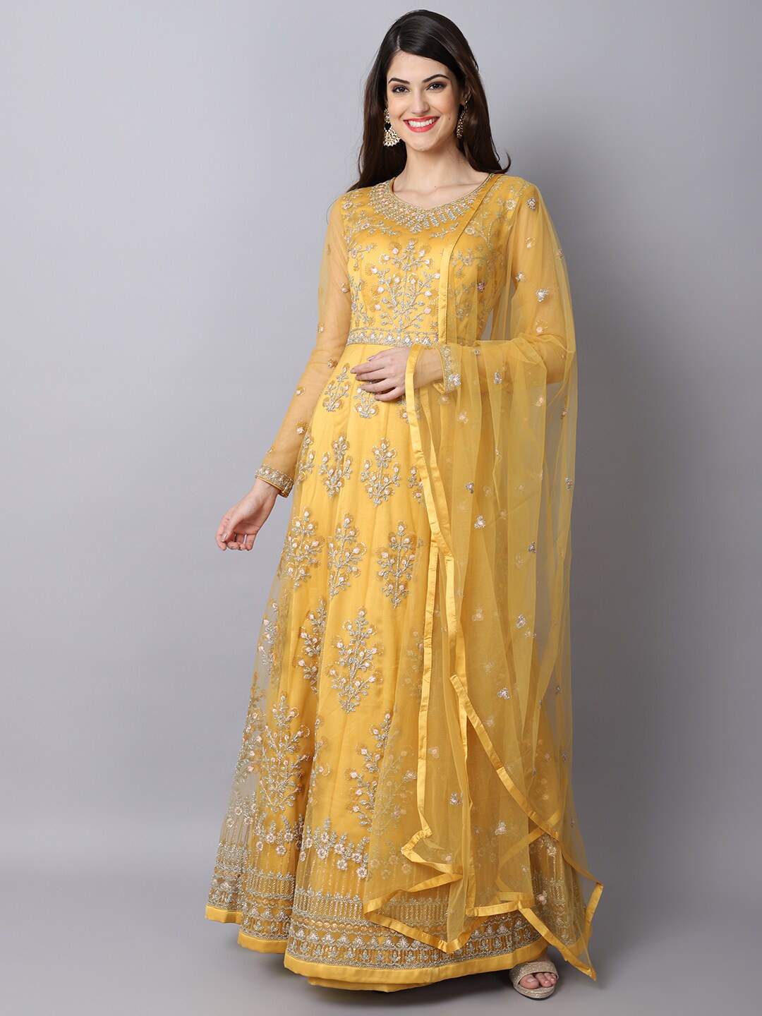 

Stylee LIFESTYLE Yellow Embroidered Semi-Stitched Dress Material