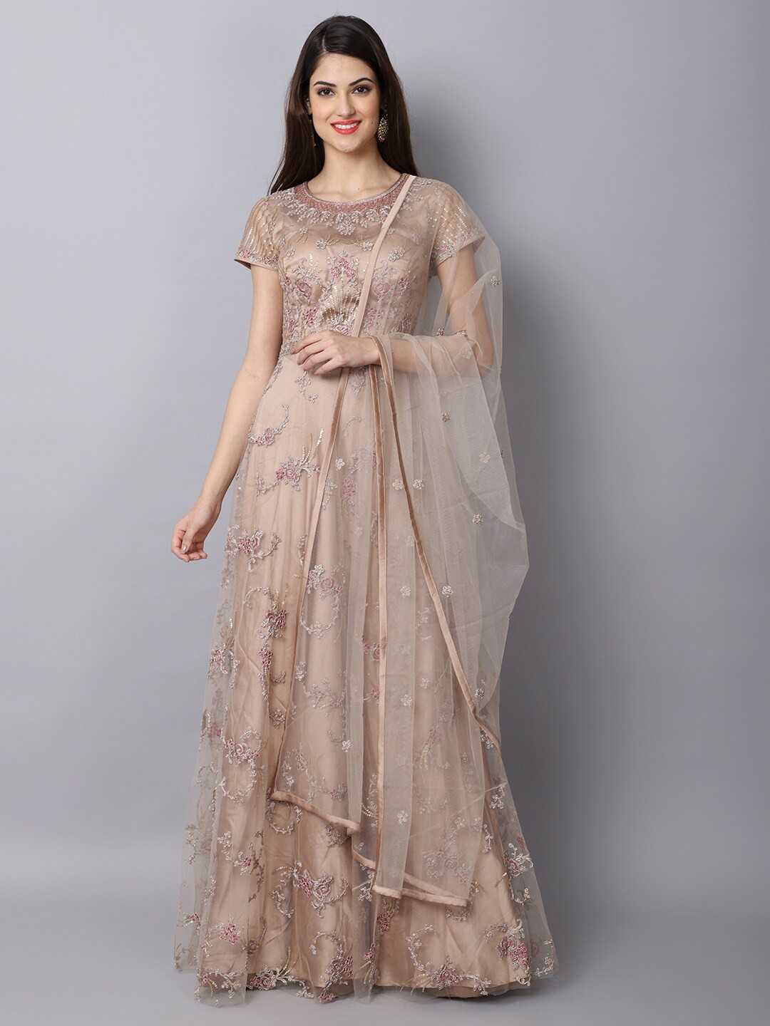 

Stylee LIFESTYLE Beige Net Embroidered Semi-Stitched Dress Material