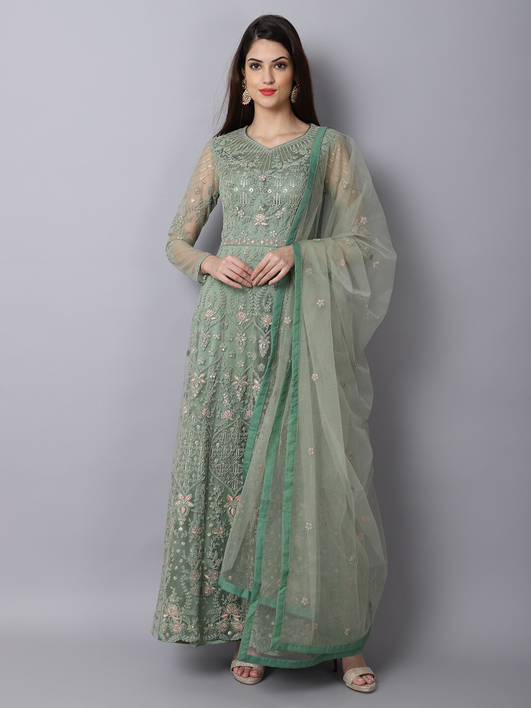 

Stylee LIFESTYLE Green Embroidered Satin Semi-Stitched Dress Material