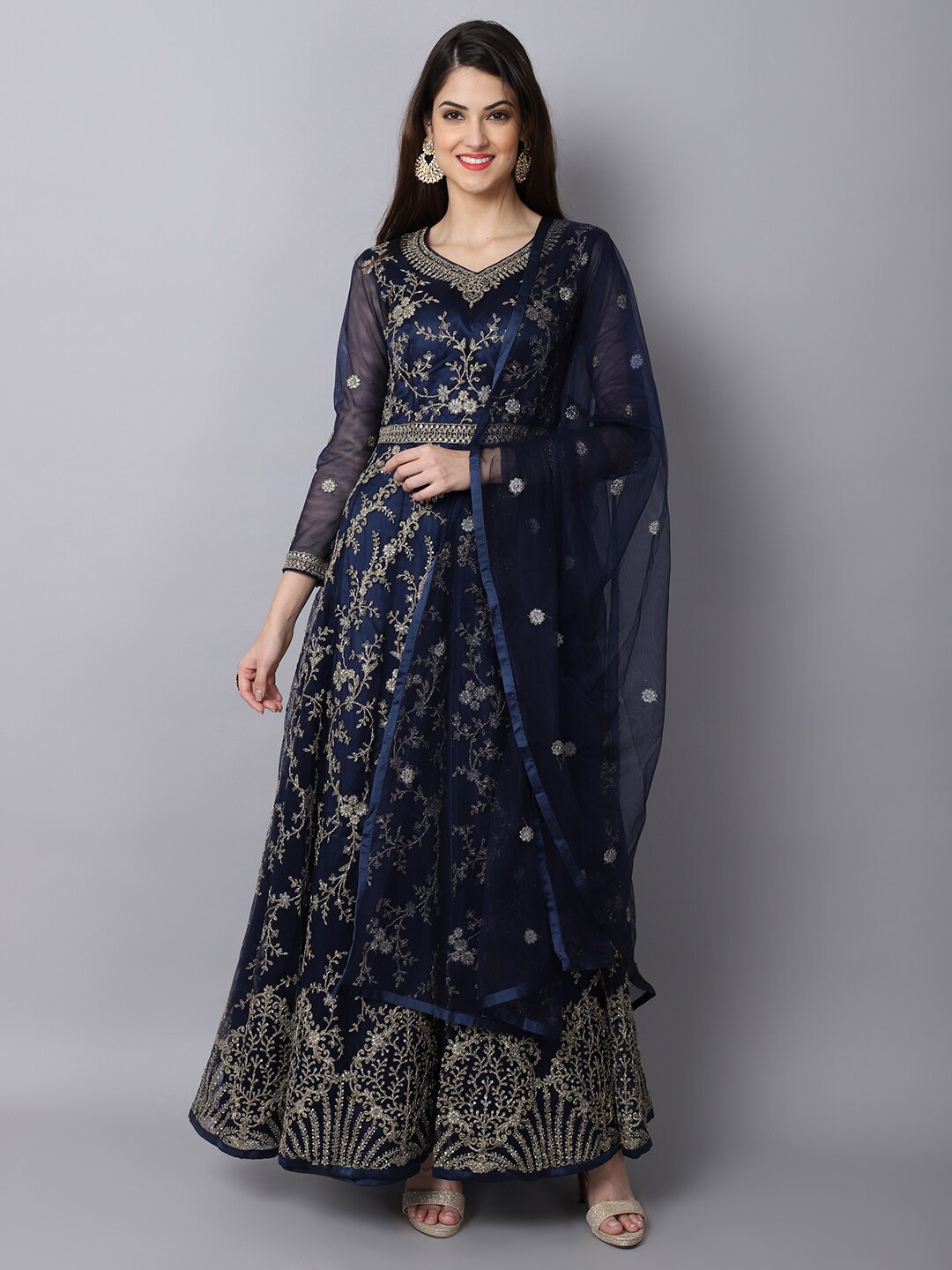 

Stylee LIFESTYLE Navy Blue Embroidered Semi-Stitched Dress Material