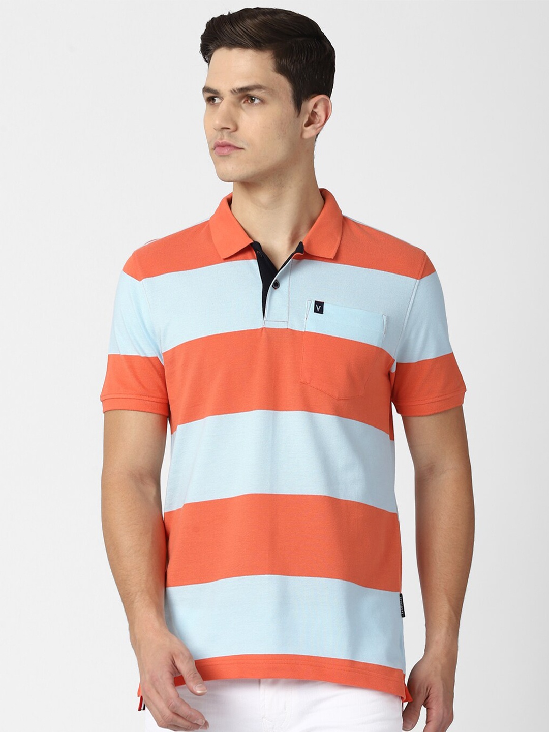 

Van Heusen Sport Men Orange & Blue Striped Polo Collar T-shirt
