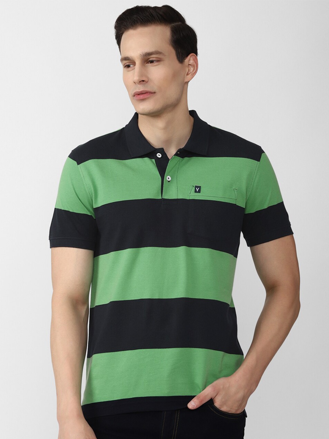 

Van Heusen Sport Men Green & Black Striped Polo Collar T-shirt