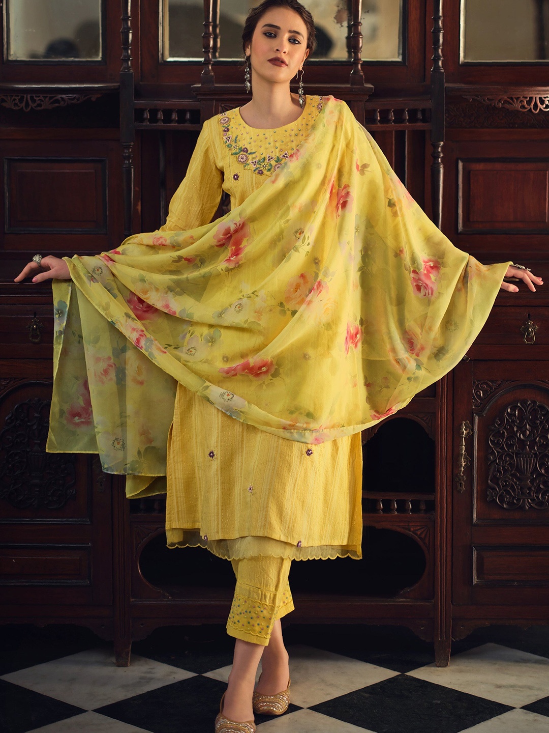 

AUTUMN LANE Women Yellow Floral Embroidered Cotton Kurta with Trousers & With Dupatta