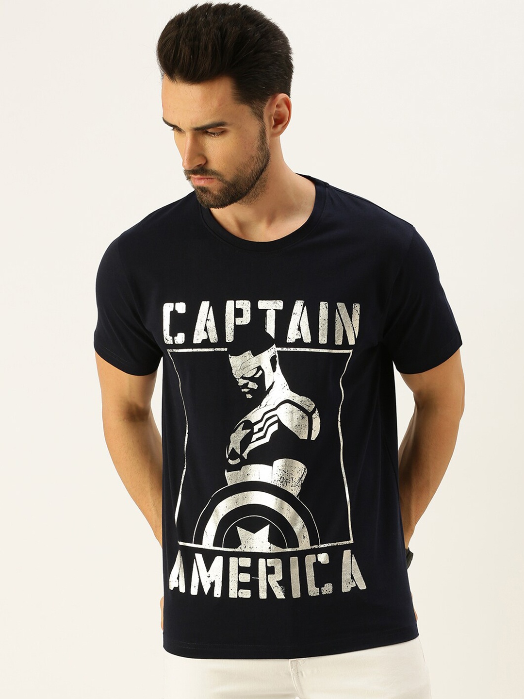 

VEIRDO Marvel Men Navy Blue & White Captain America Printed T-shirt