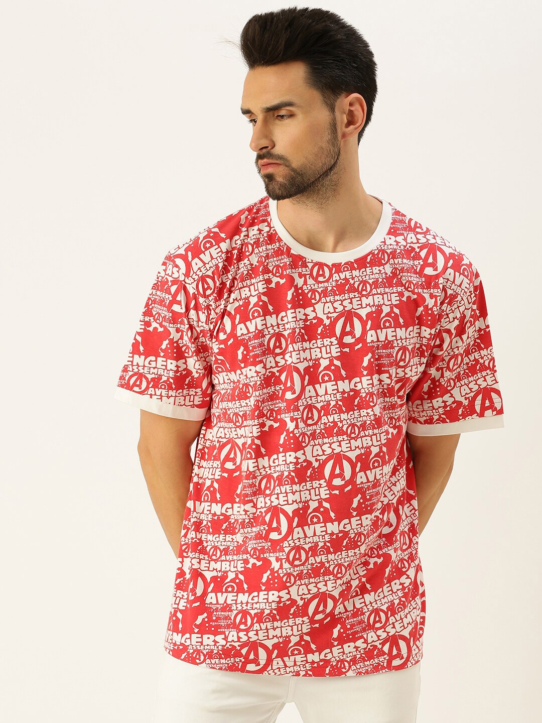 

VEIRDO Men Red & White Typography Avengers Printed Loose T-shirt