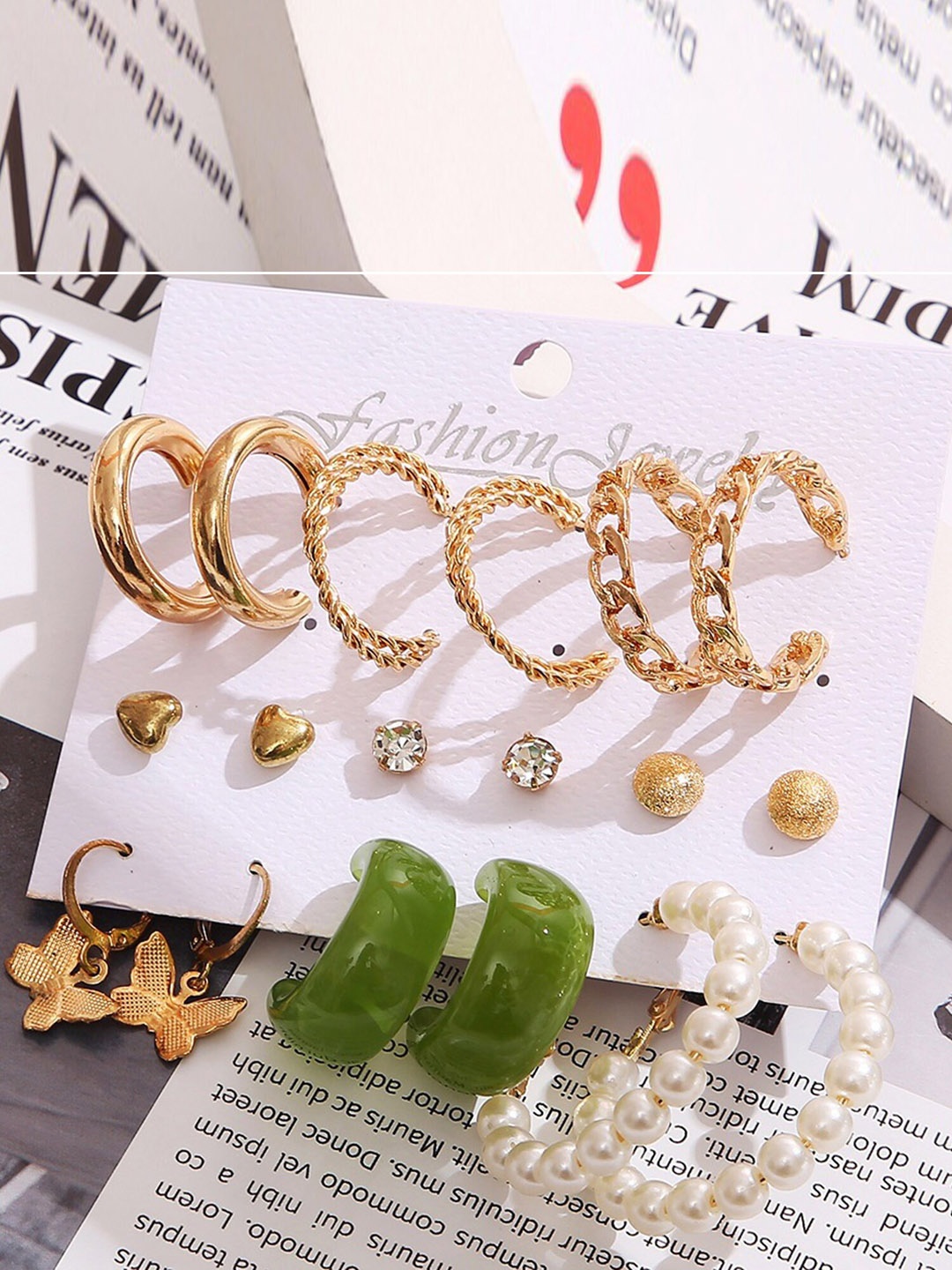 

Vembley Set of 9 Gold-Plated White Contemporary Studs Earrings