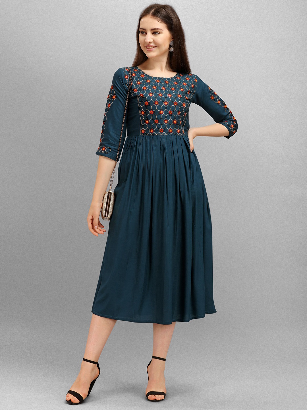 

FabFairy Women Teal & Orange Ethnic Motifs Embroidered Anarkali Kurta