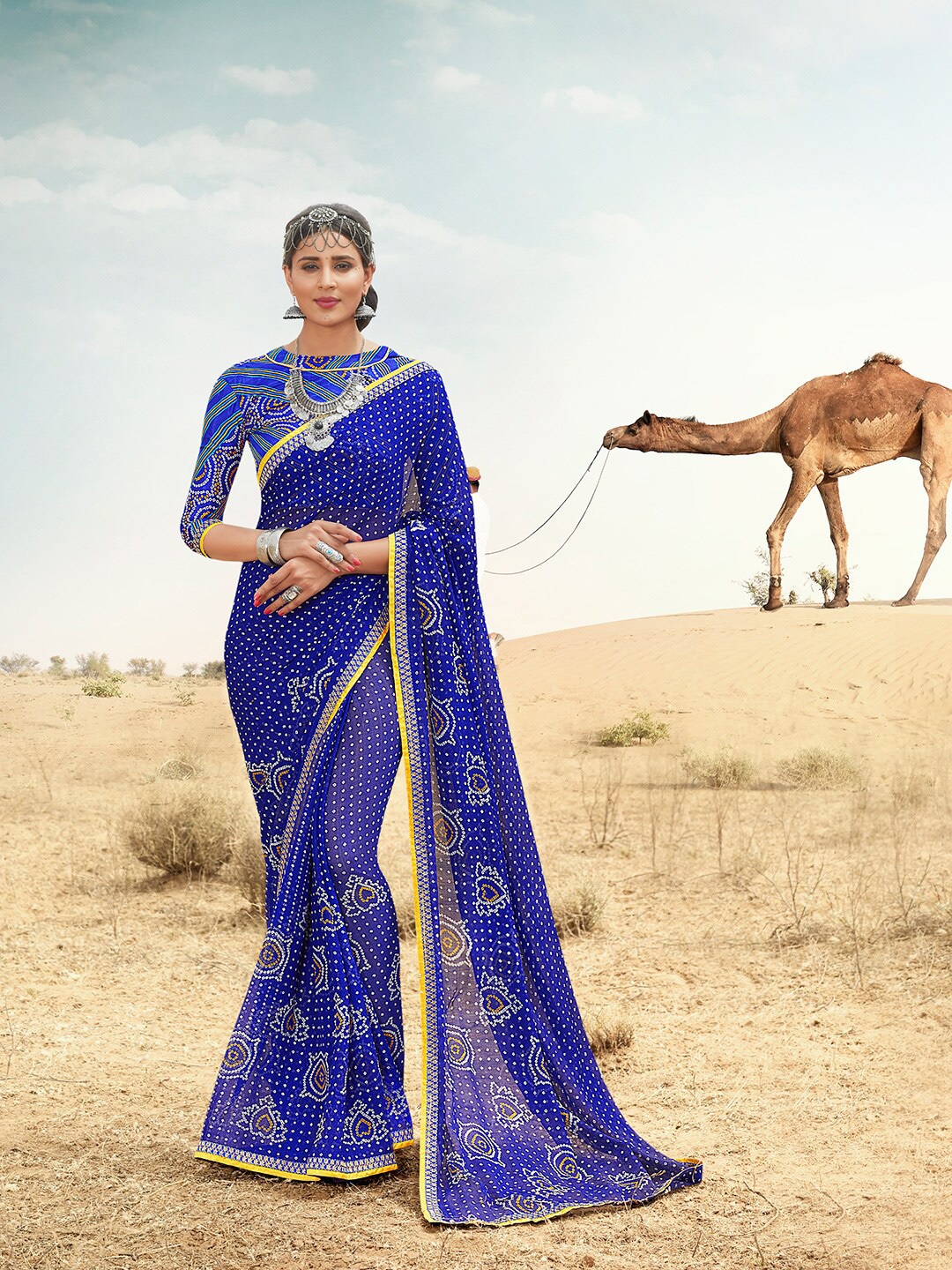 

Shaily Women Blue & White Pure Chiffon Bandhani Saree