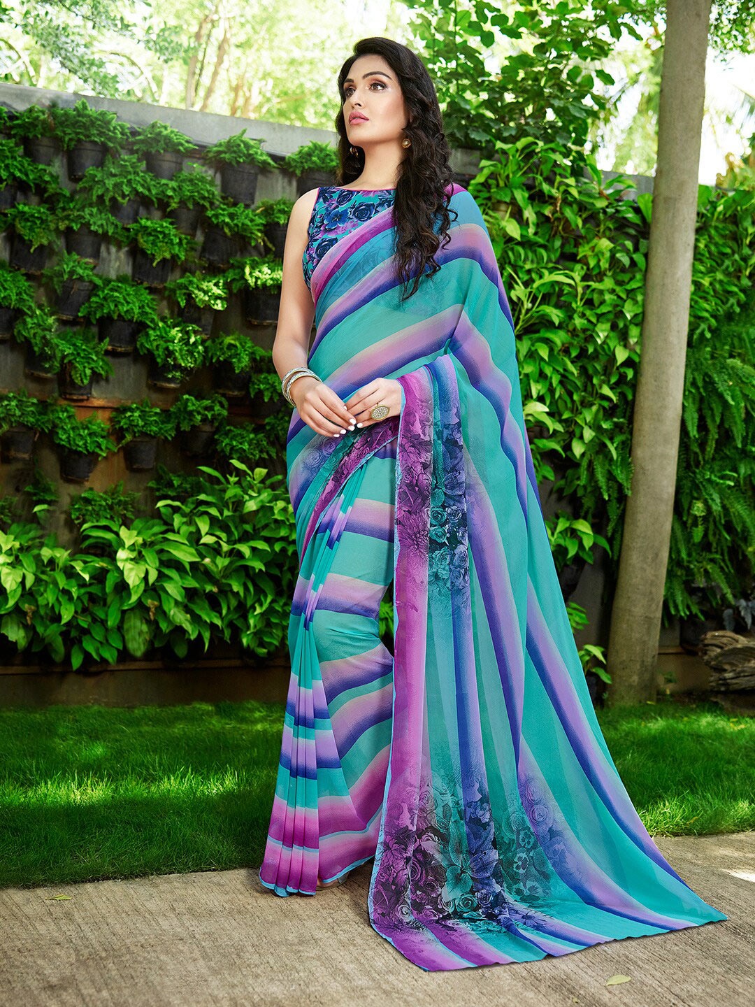 

Shaily Blue & Purple Floral Striped Saree