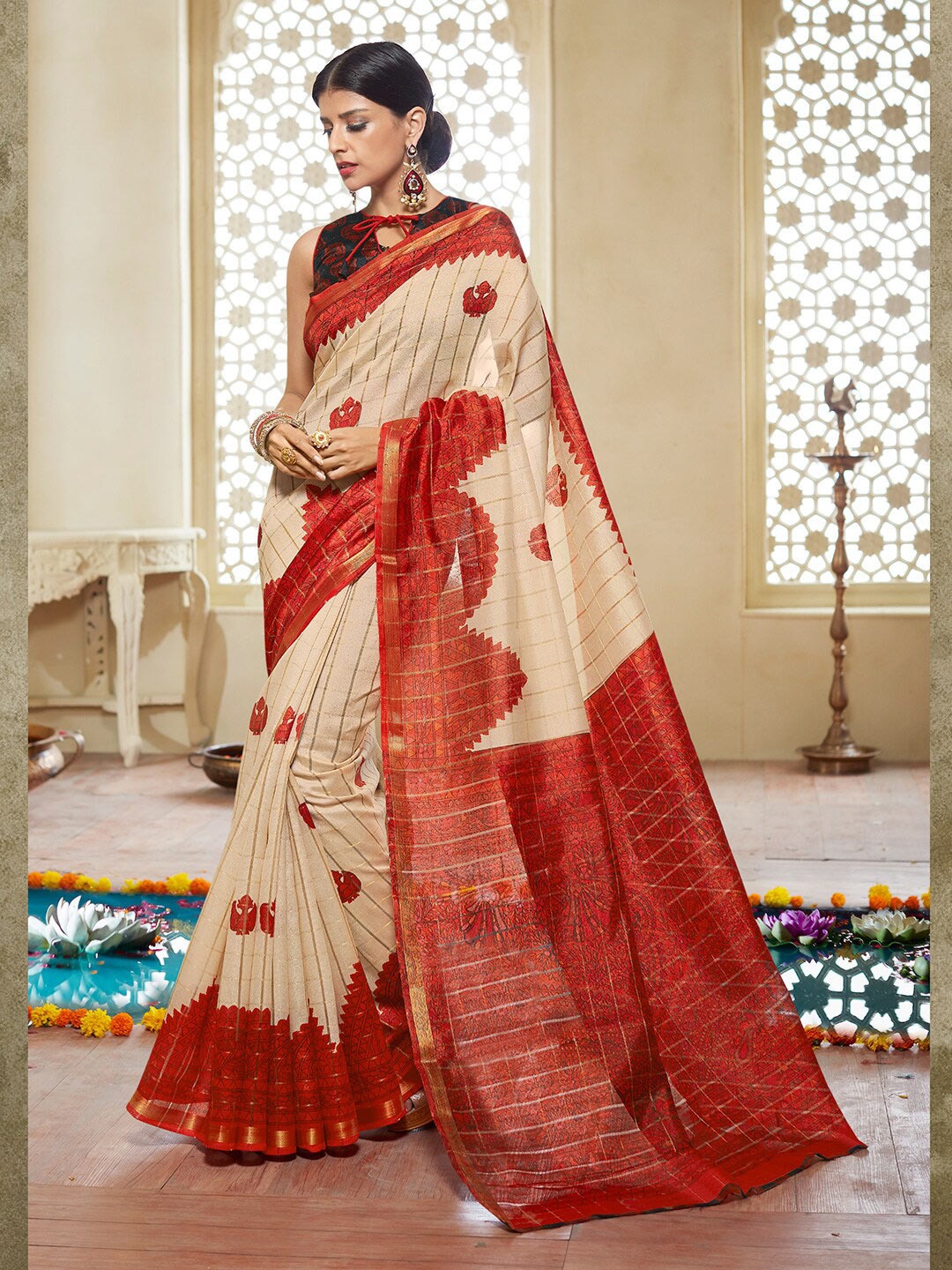 

Shaily Cream-Coloured & Red Zari Silk Cotton Saree