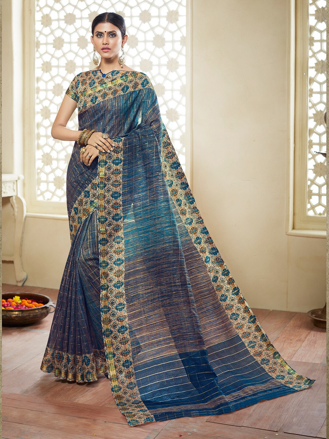 

Shaily Brown & Blue Ethnic Motifs Silk Cotton Saree