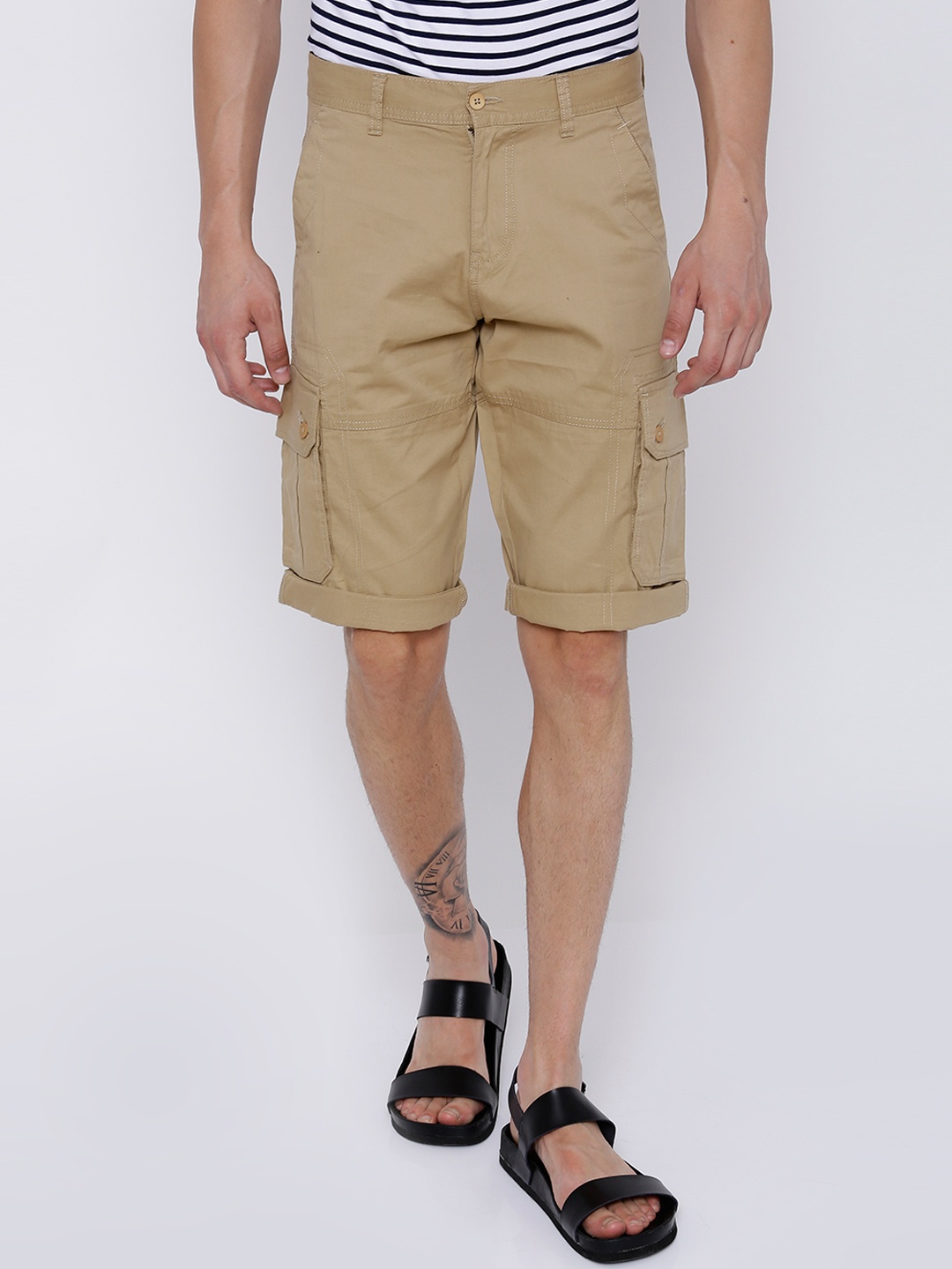 

LOCOMOTIVE Men Beige Solid Slim Fit Cargo Shorts