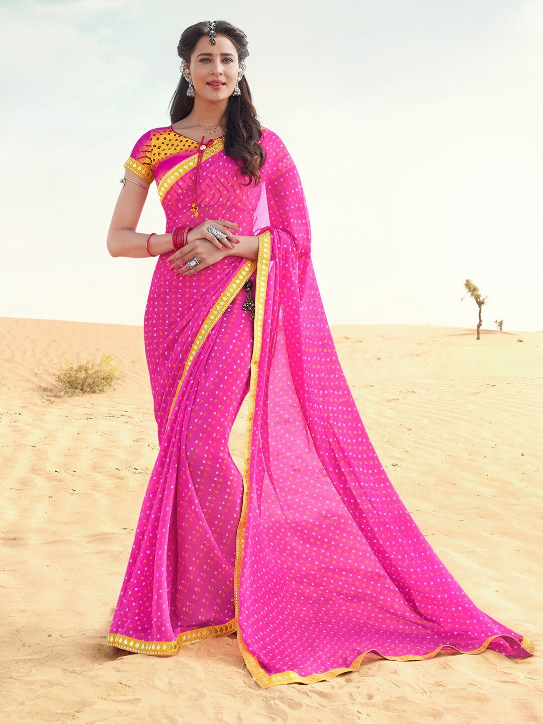 

Shaily Pink & White Bandhani Pure Chiffon Bandhani Saree
