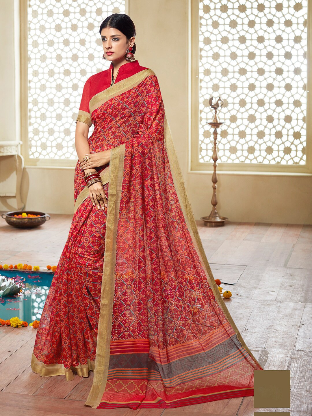 

Shaily Red & Brown Ethnic Motifs Zari Silk Cotton Saree