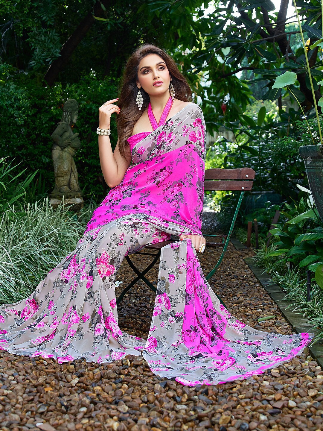 

Shaily Grey & Pink Floral Saree