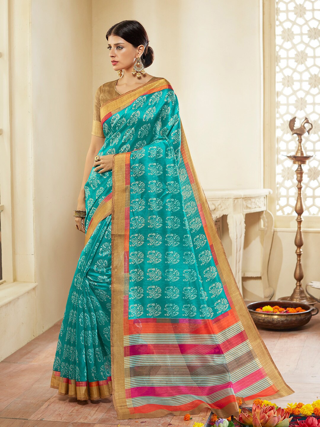 

Shaily Blue & Red Zari Silk Cotton Saree