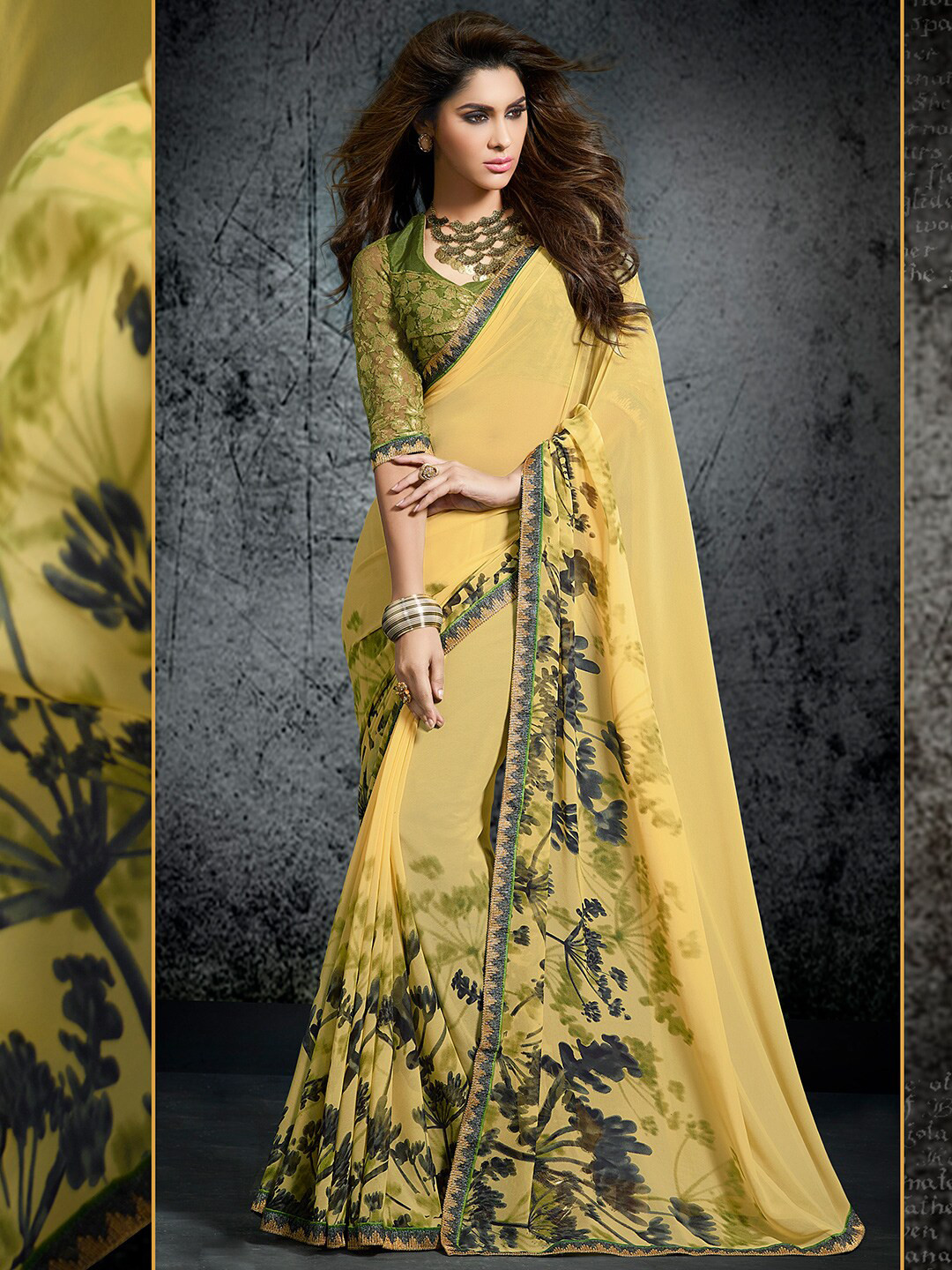 

Shaily Yellow & Green Floral Printed Pure Georgette Saree