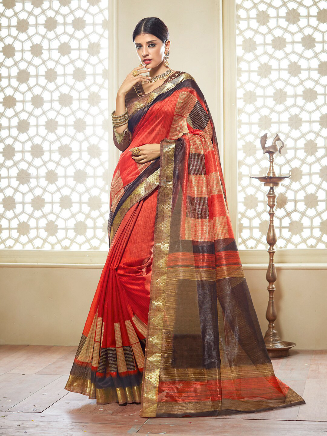 

Shaily Black & Orange Zari Silk Cotton Saree