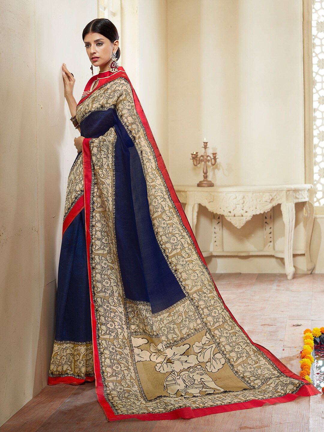 

Shaily Navy Blue & Red Floral Silk Cotton Saree