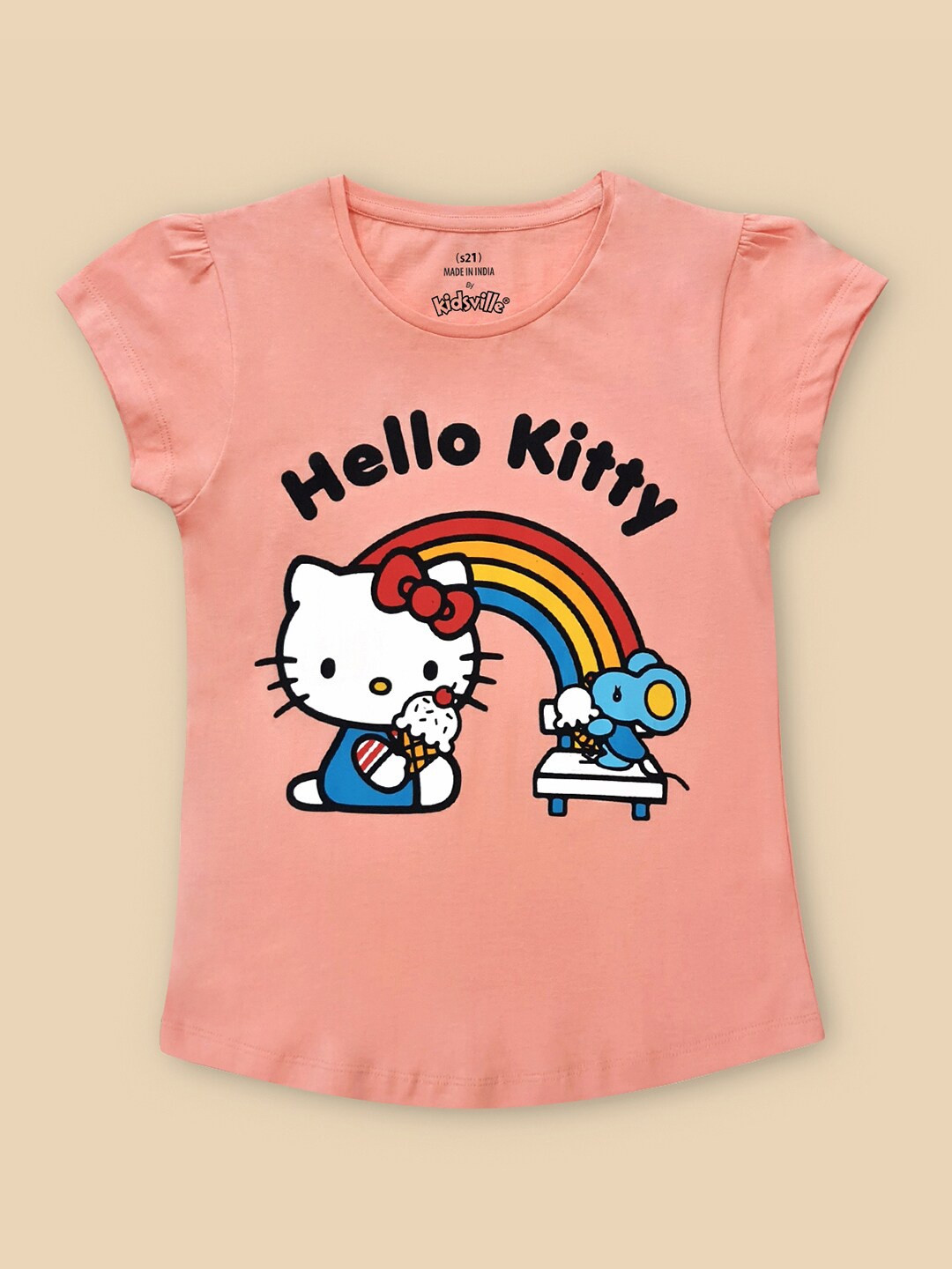 

Kids Ville Girls Peach-Coloured & Black Hello Kitty Printed Pure Cotton T-shirt