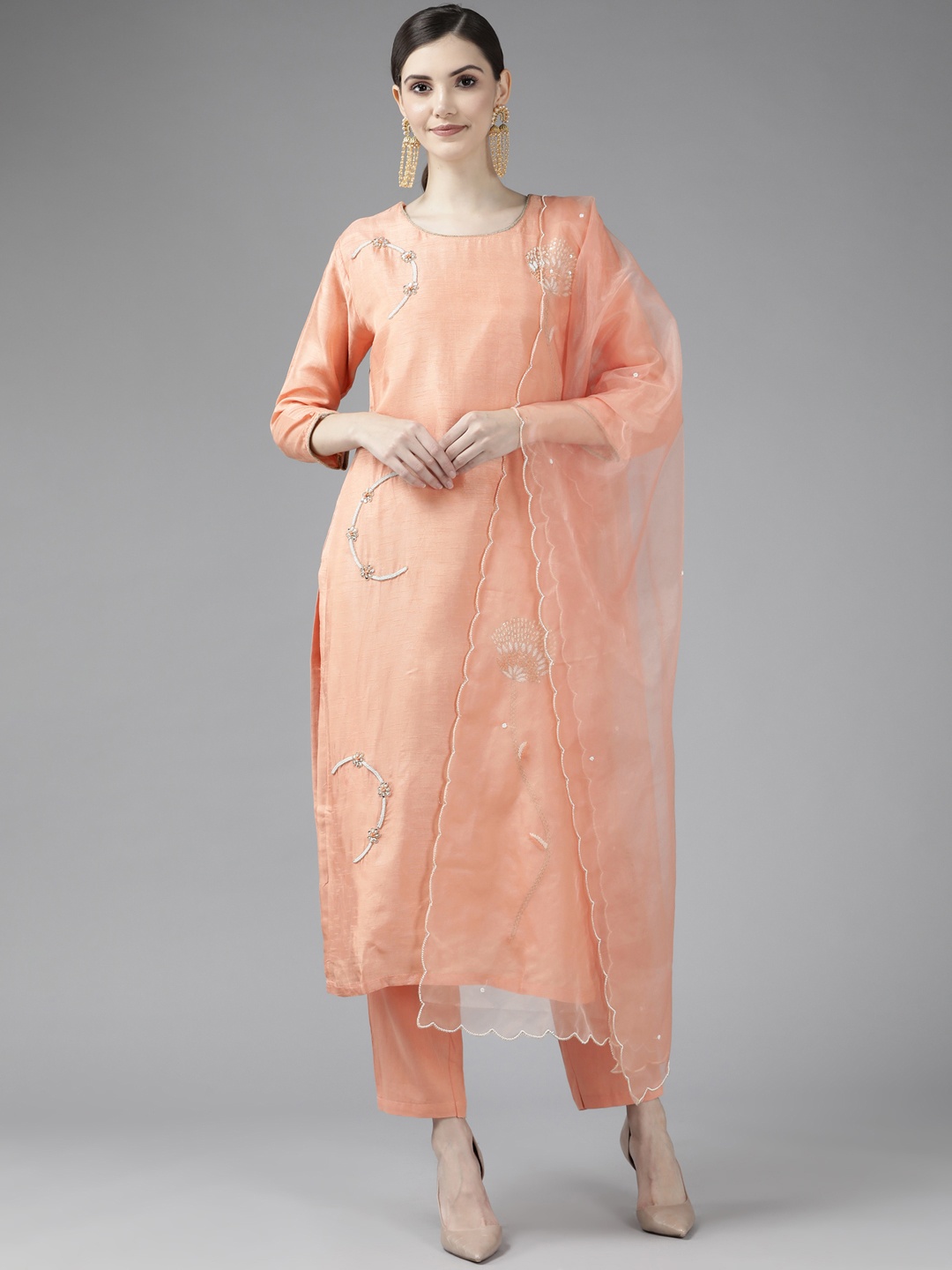 

Yufta Women Peach-Coloured Ethnic Motifs Embroidered Beads and Stones Kurta with Trousers & With Dupatta