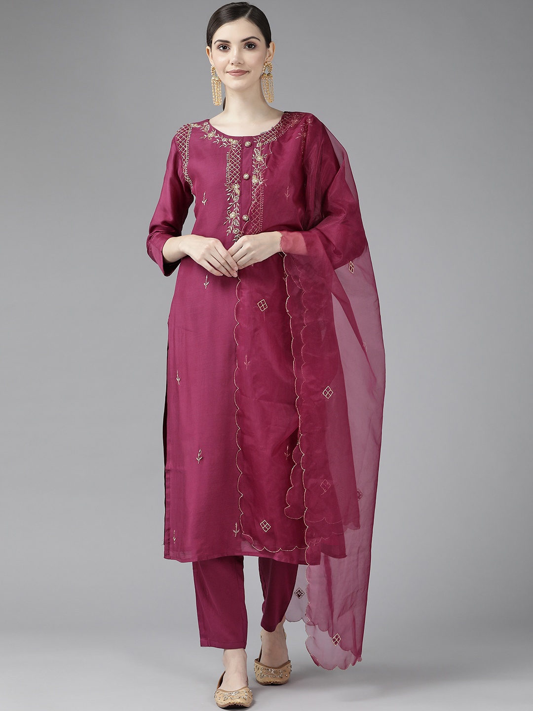 

Yufta Women Burgundy Ethnic Yoke Design Kurta with Trousers & With Dupatta