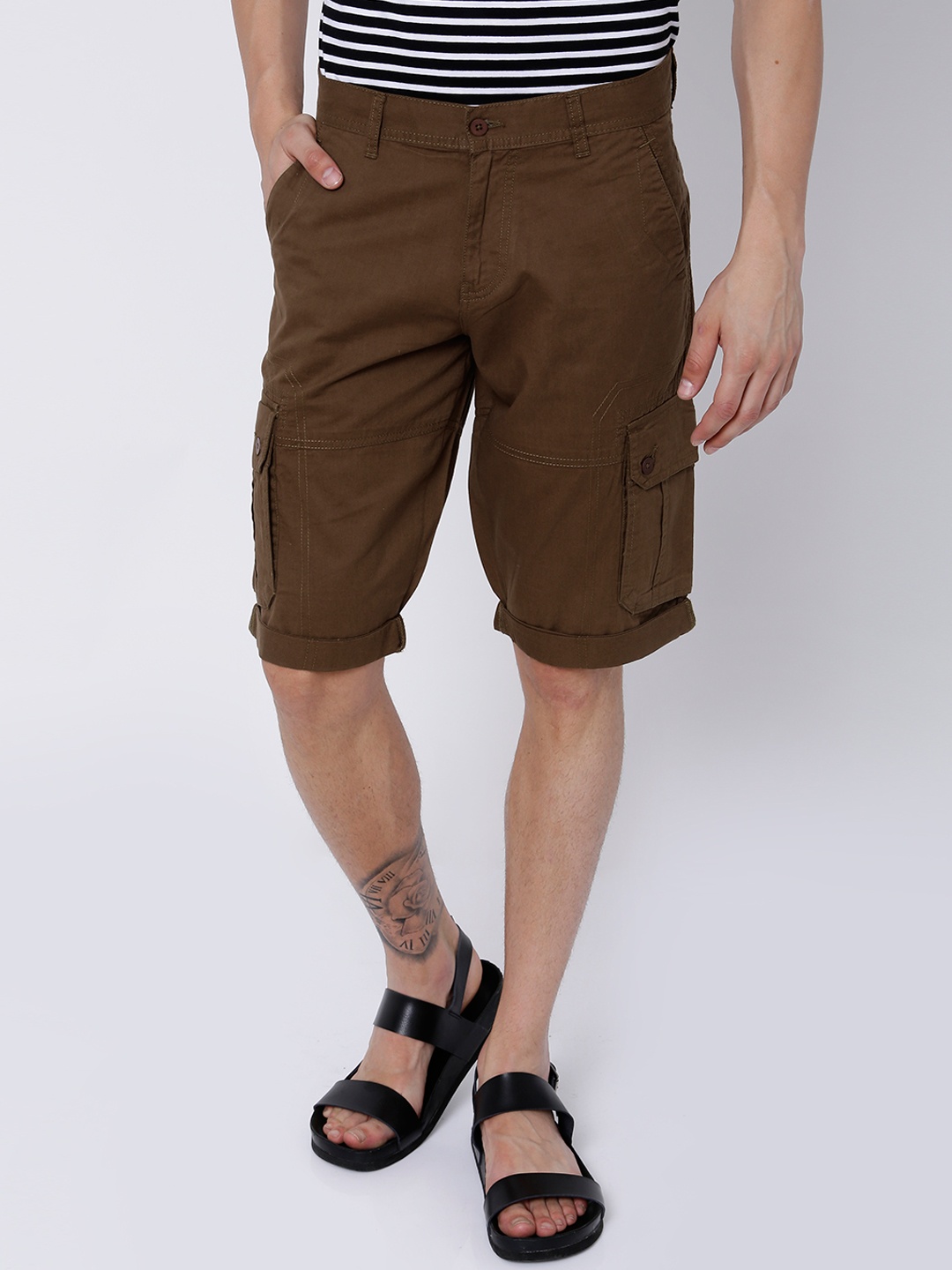 

LOCOMOTIVE Men Brown Solid Slim Fit Cargo Shorts