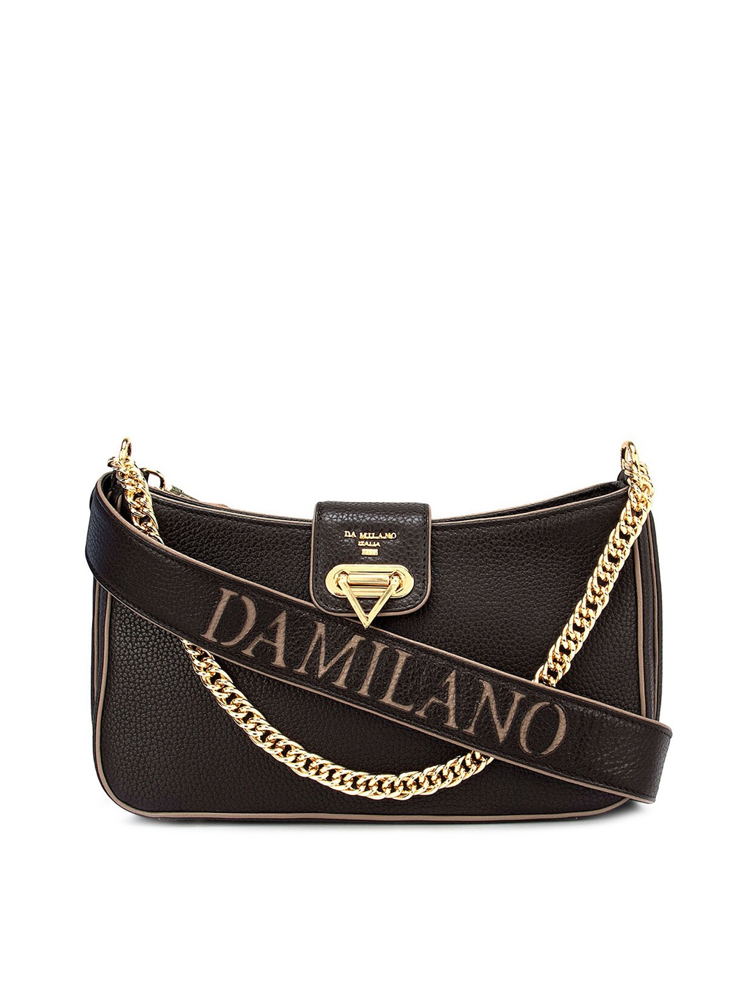 

Da Milano Coffee Brown Solid Leather Half Moon Sling Bag with Applique