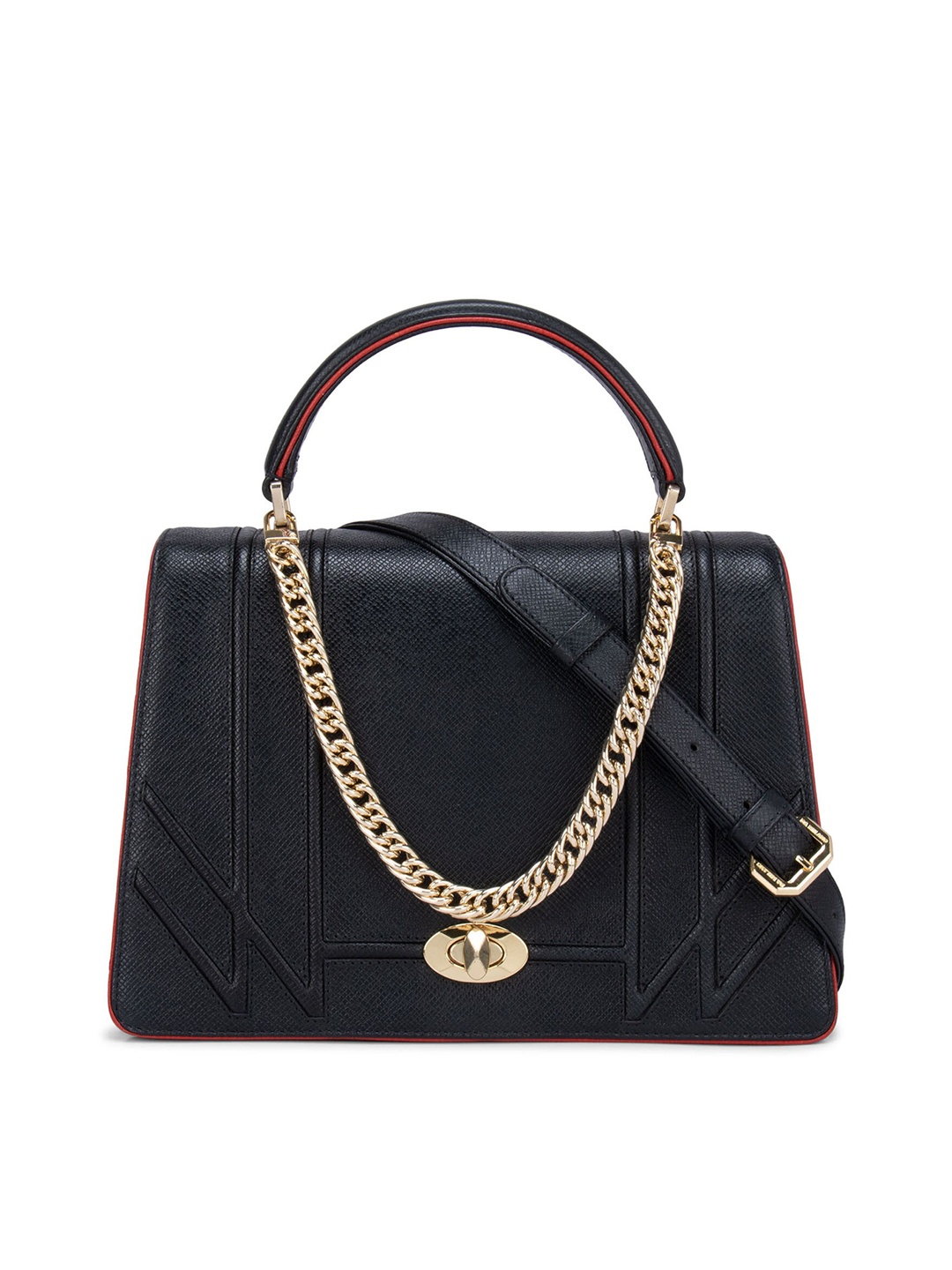 

Da Milano Black Leather Structured Handheld Bag with Cut Work