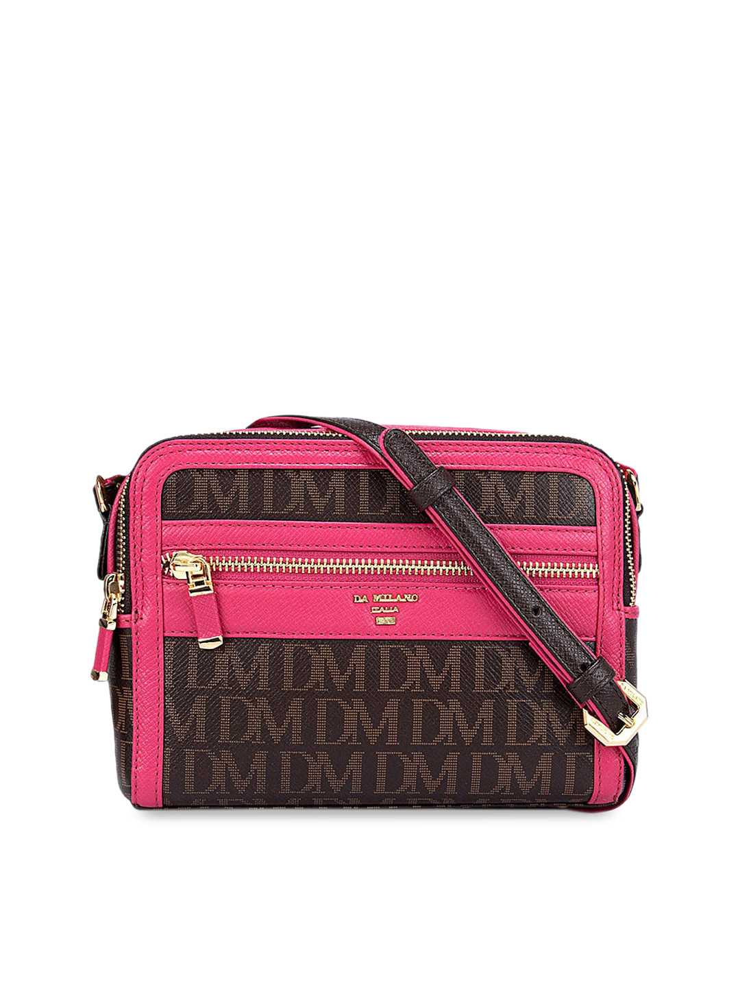 

Da Milano Women Brown Textured Leather Structured Sling Bag with Cut Work