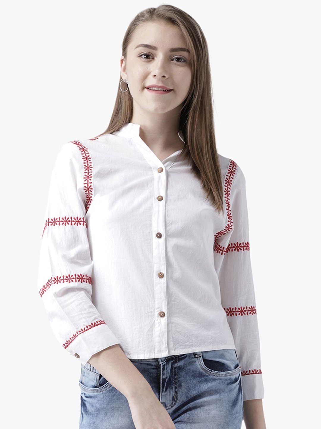 

DODO & MOA White & Red Floral Embroidered Mandarin Collar Shirt Style Top