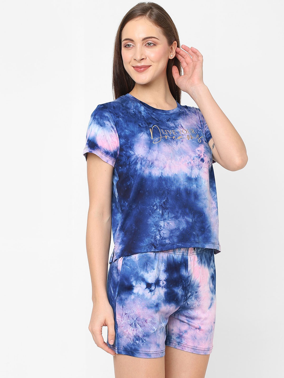 

SDL by Sweet Dreams Women Navy Blue & Pink Tie & Dye Night suit