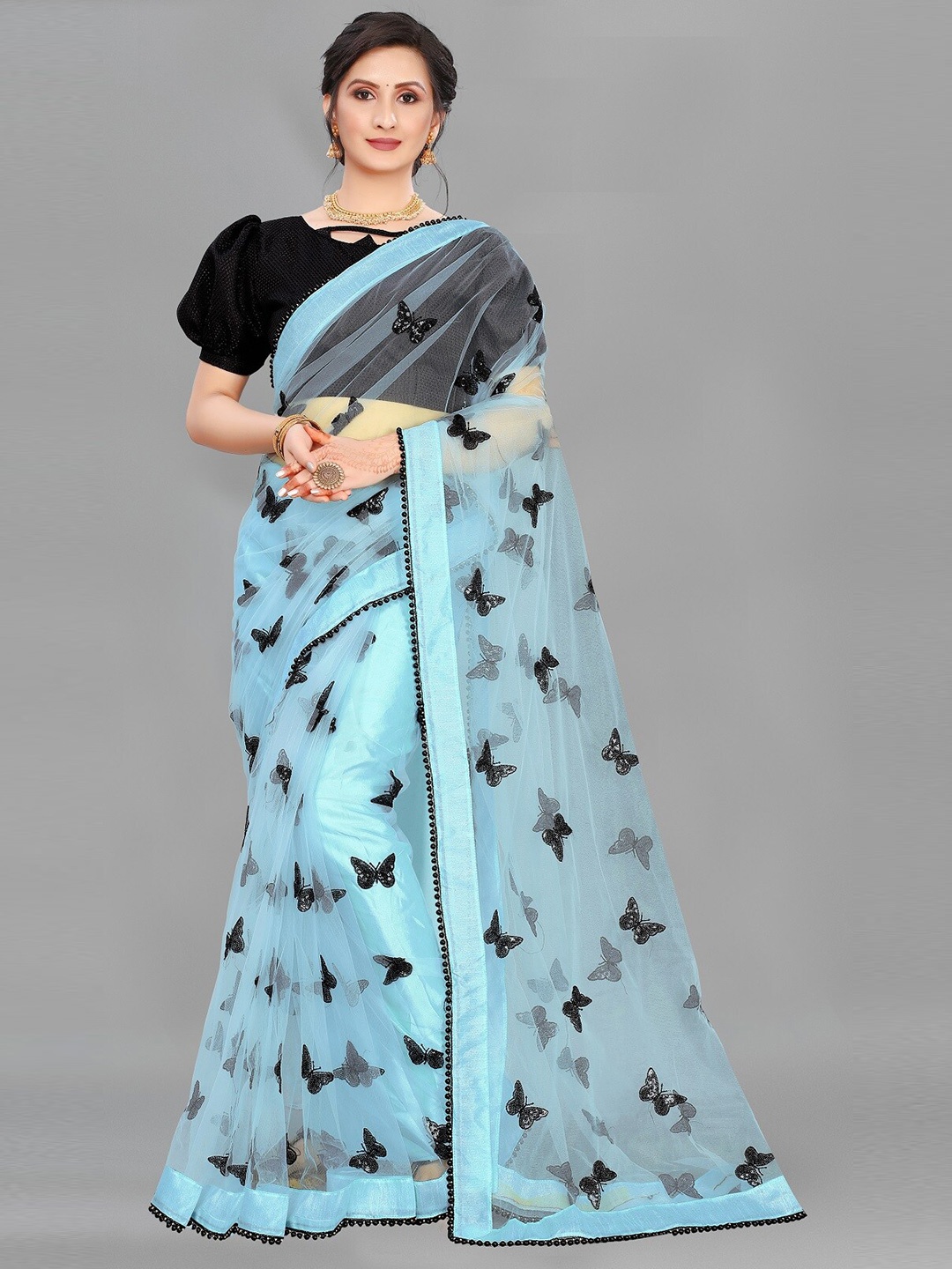 

PMD Fashion Blue & Black Embellished Net Ready to Wear Saree