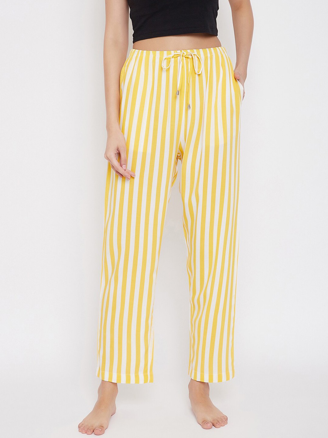 

Hypernation Women Yellow & White Striped Lounge Pants